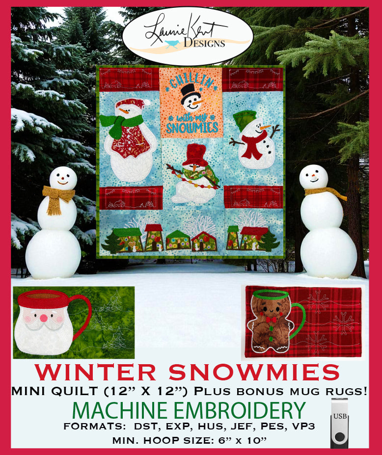 Winter Snowmies - Embroidery Mini Quilt with TWO Bonus Mug Rugs