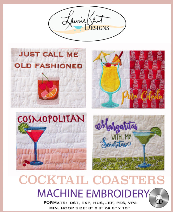Cocktail Coasters Embroidery CD by Laurie Kent Designs
