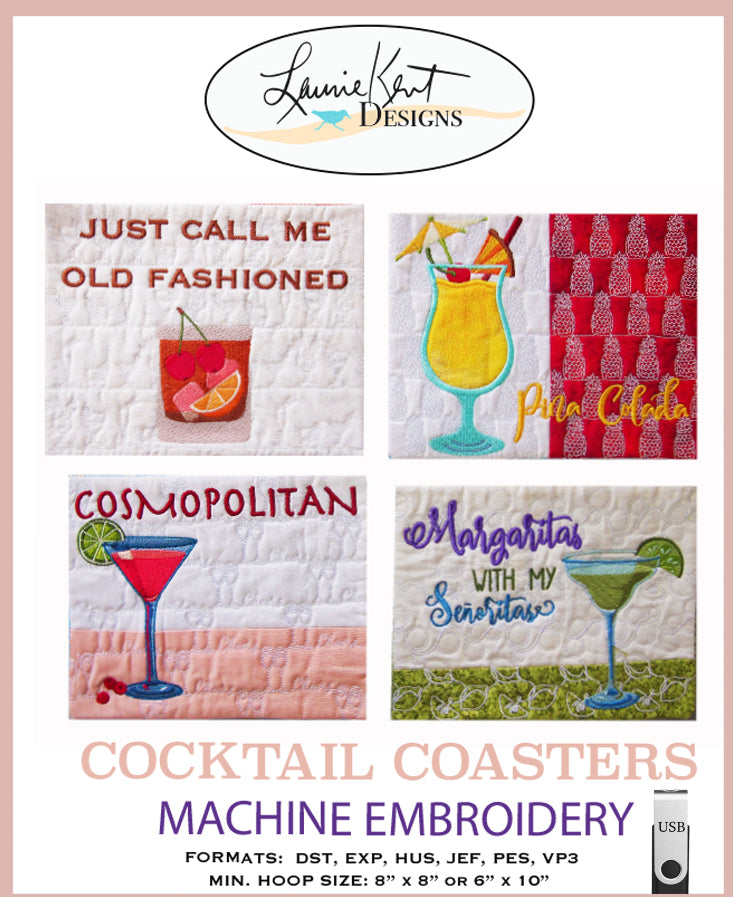 Cocktail Coaster Embroidery USB by Laurie Kent Designs
